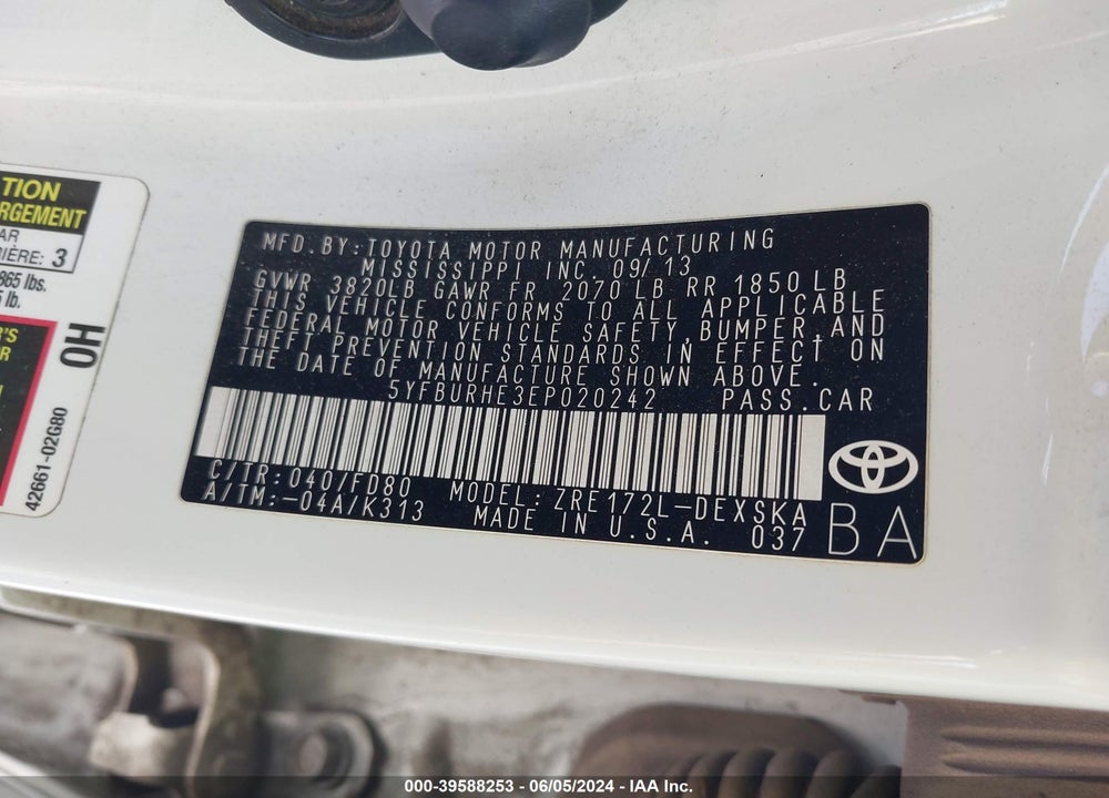 2014 TOYOTA COROLLA S PLUS VIN: 5YFBURHE3EP020242