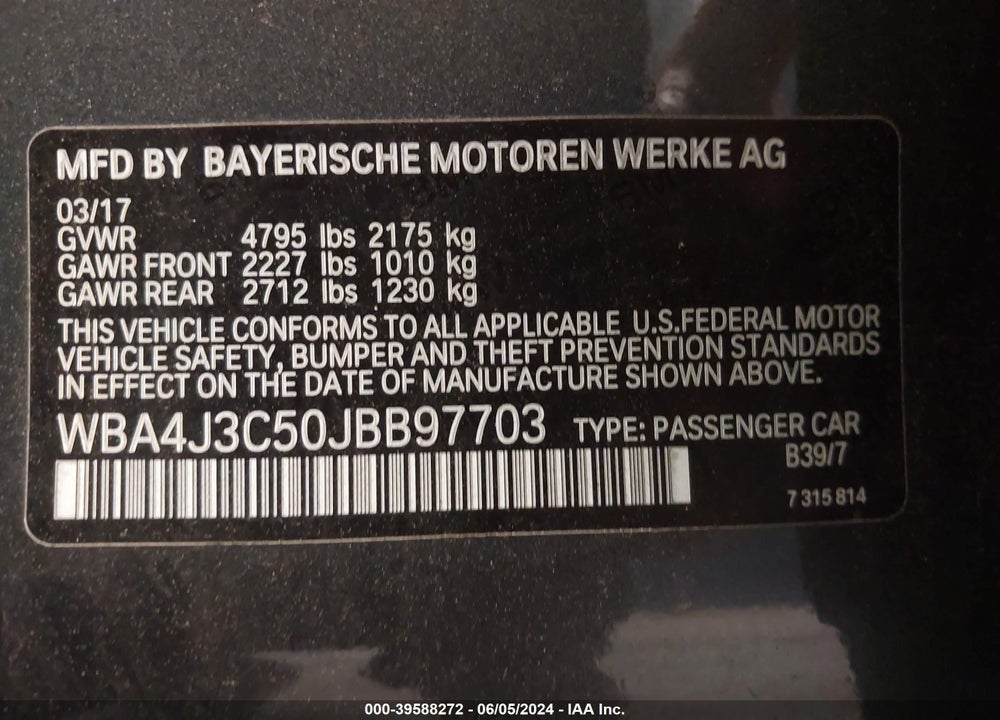 2018 BMW 430I GRAN COUPE XDRIVE VIN: WBA4J3C50JBB97703