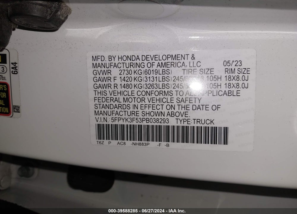 2023 HONDA RIDGELINE VIN: 5FPYK3F53PB038293
