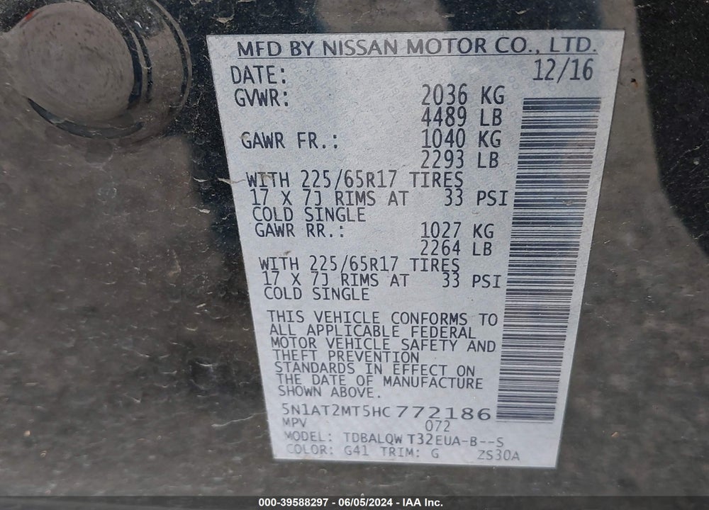 2017 NISSAN ROGUE SV VIN: 5N1AT2MT5HC772186