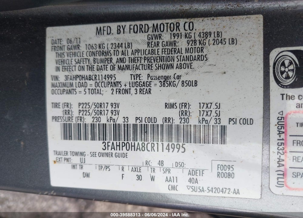 2012 FORD FUSION SE VIN: 3FAHP0HA8CR114995