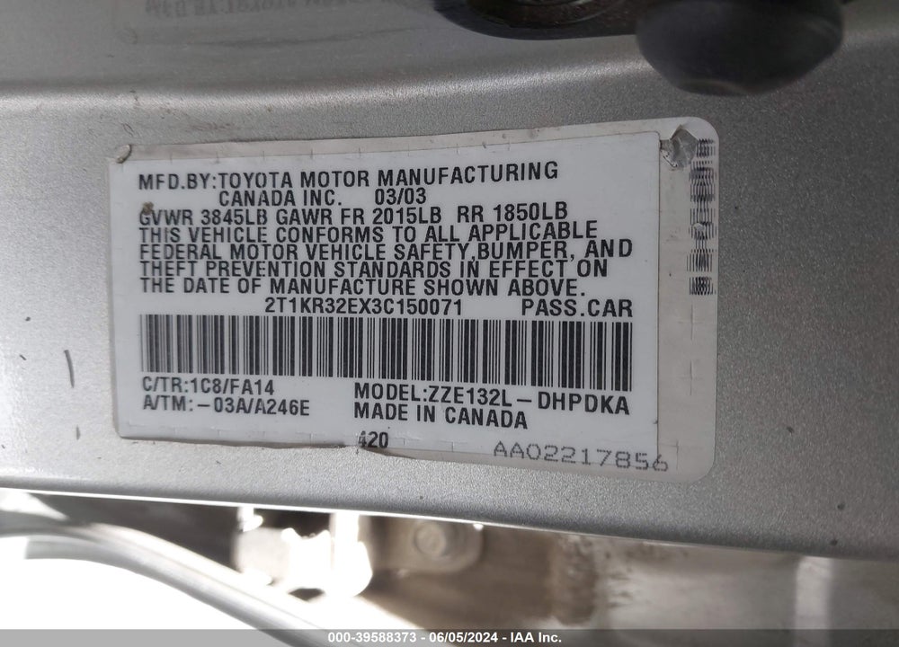 2003 TOYOTA MATRIX STANDARD VIN: 2T1KR32EX3C150071