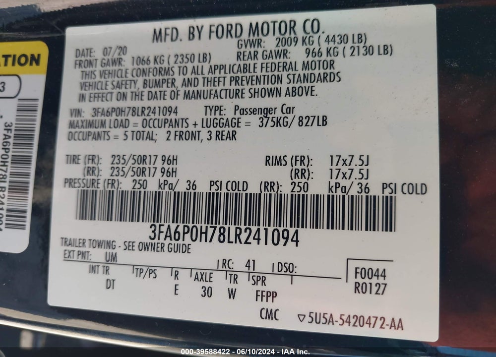 2020 FORD FUSION SE VIN: 3FA6P0H78LR241094