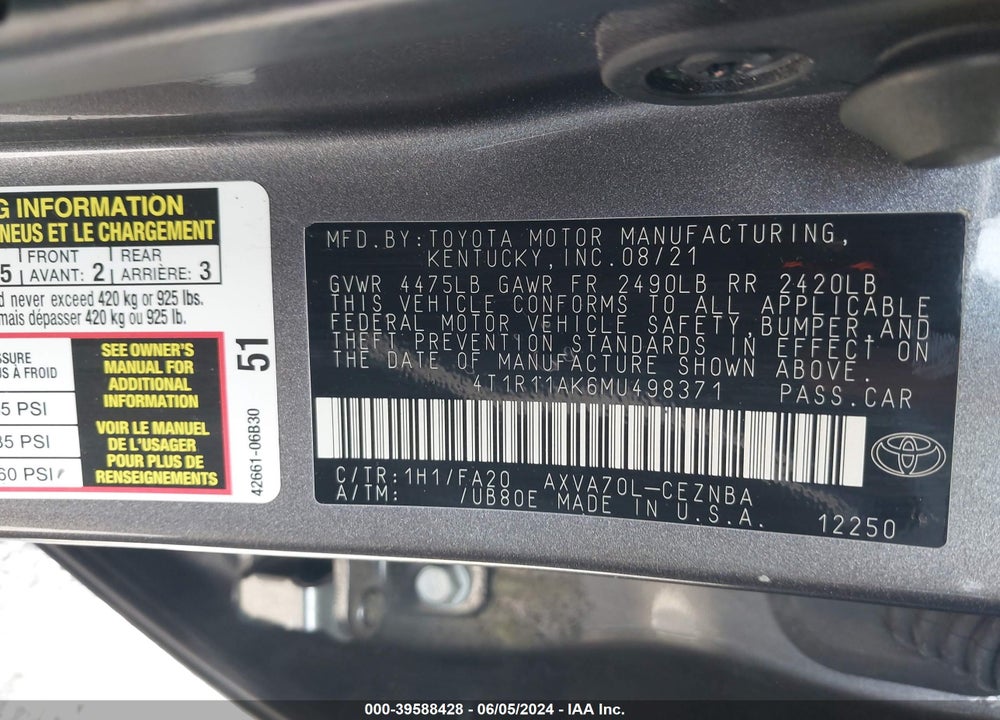 2021 TOYOTA CAMRY LE VIN: 4T1R11AK6MU498371