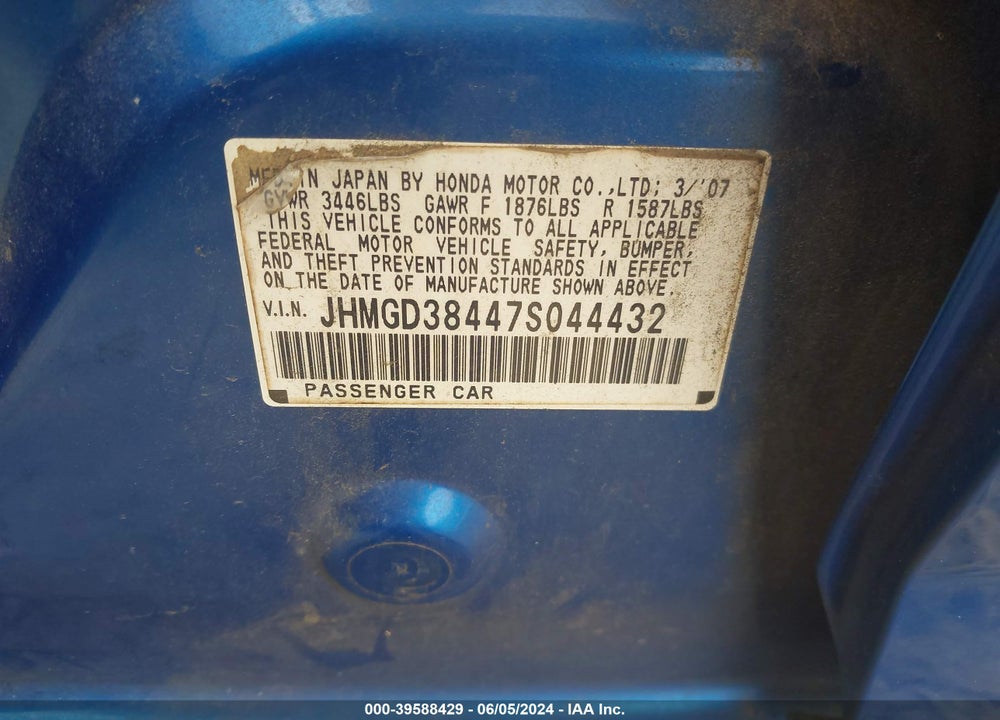 2007 HONDA FIT VIN: JHMGD38447S044432
