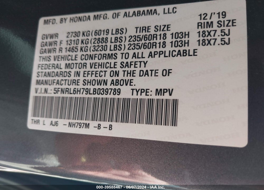 2020 HONDA ODYSSEY EX-L/EX-L W/NAVI RES VIN: 5FNRL6H79LB039789