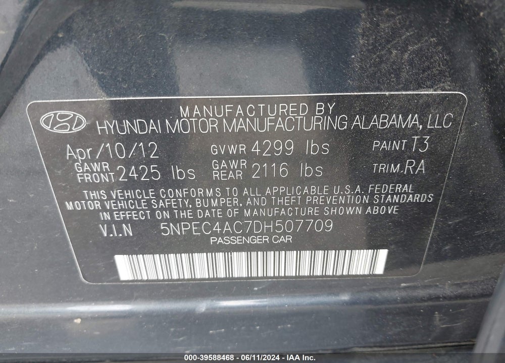 2013 HYUNDAI SONATA SE VIN: 5NPEC4AC7DH507709