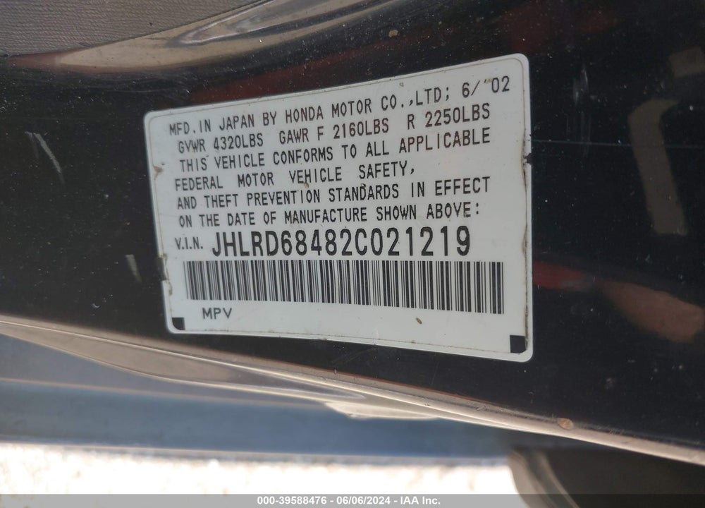 2002 HONDA CR-V LX VIN: JHLRD68482C021219