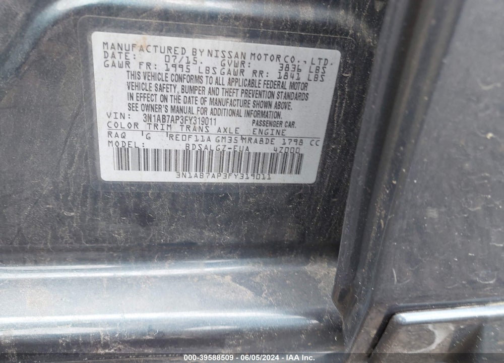 2015 NISSAN SENTRA SL VIN: 3N1AB7AP3FY319011