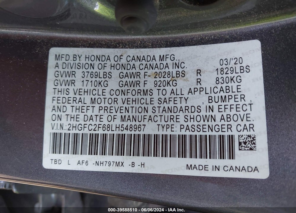 2020 HONDA CIVIC LX VIN: 2HGFC2F68LH548967