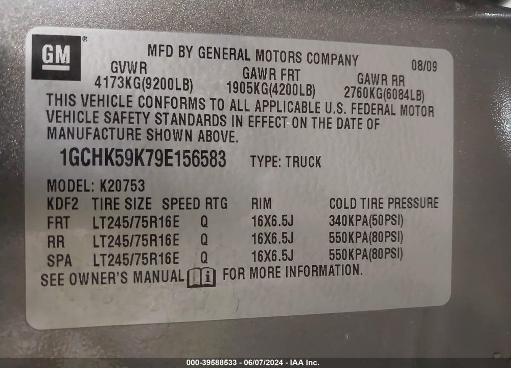 2009 CHEVROLET SILVERADO 2500HD LT VIN: 1GCHK59K79E156583