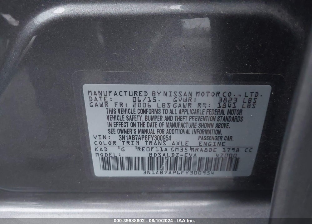 2015 NISSAN SENTRA SV VIN: 3N1AB7AP6FY300954