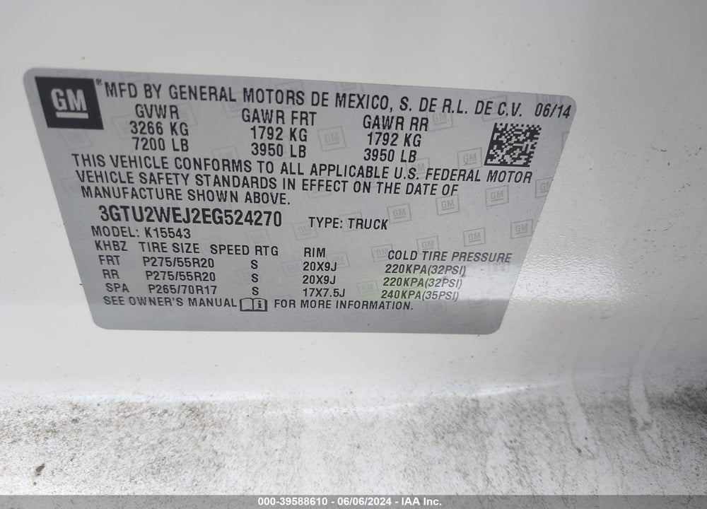 2014 GMC SIERRA 1500 DENALI VIN: 3GTU2WEJ2EG524270