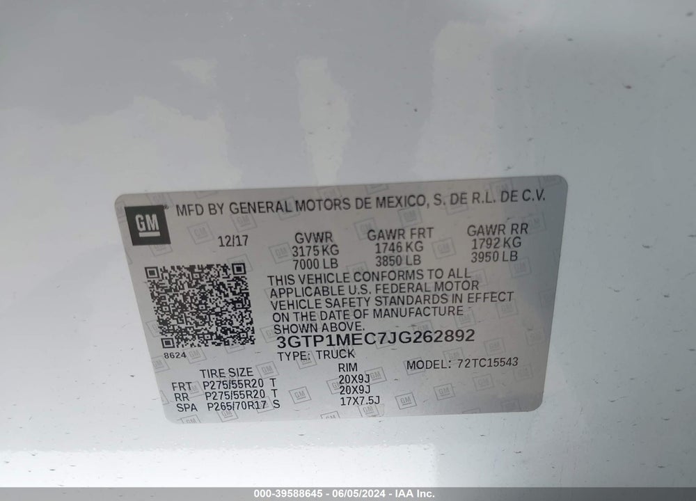 2018 GMC SIERRA 1500 SLE VIN: 3GTP1MEC7JG262892