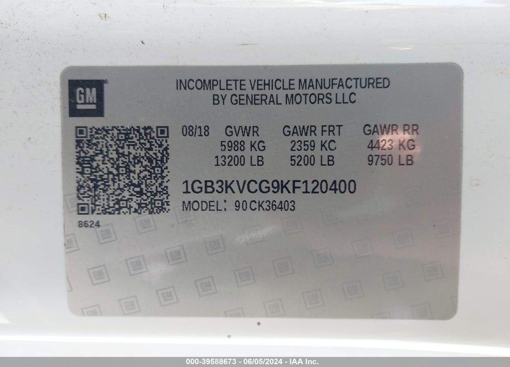 2019 CHEVROLET SILVERADO 3500HD CHASSIS WT VIN: 1GB3KVCG9KF120400