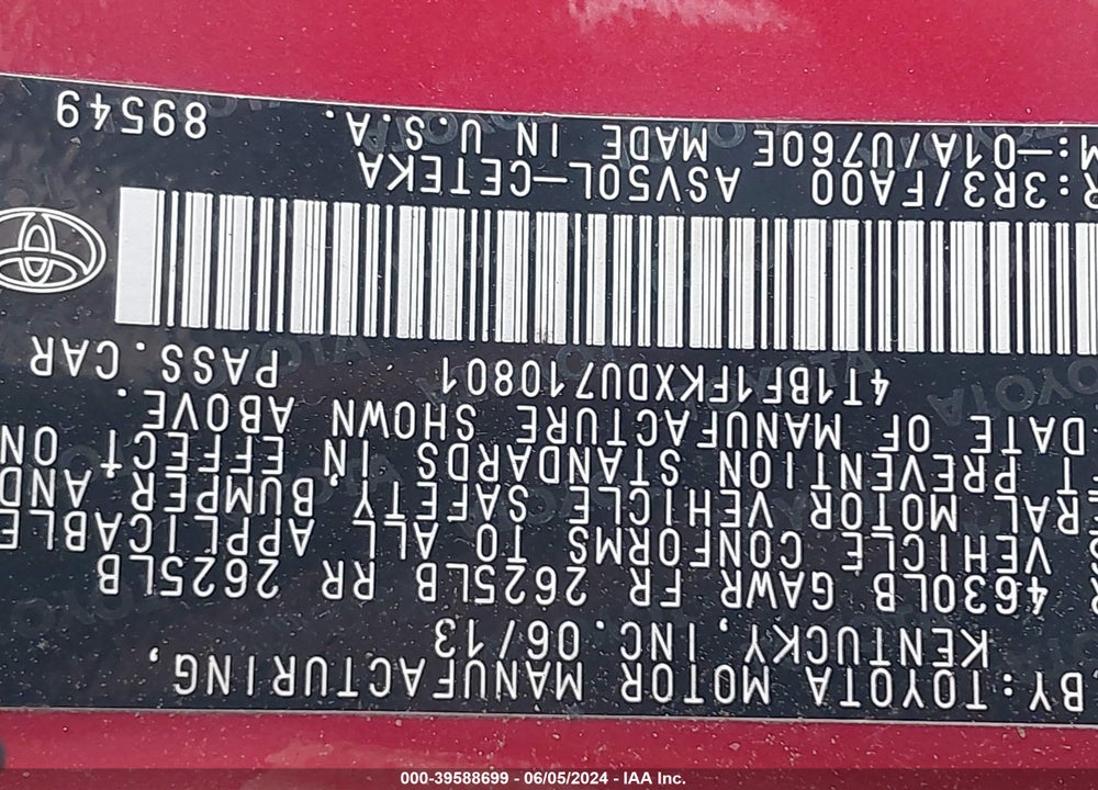 2013 TOYOTA CAMRY L VIN: 4T1BF1FKXDU710801