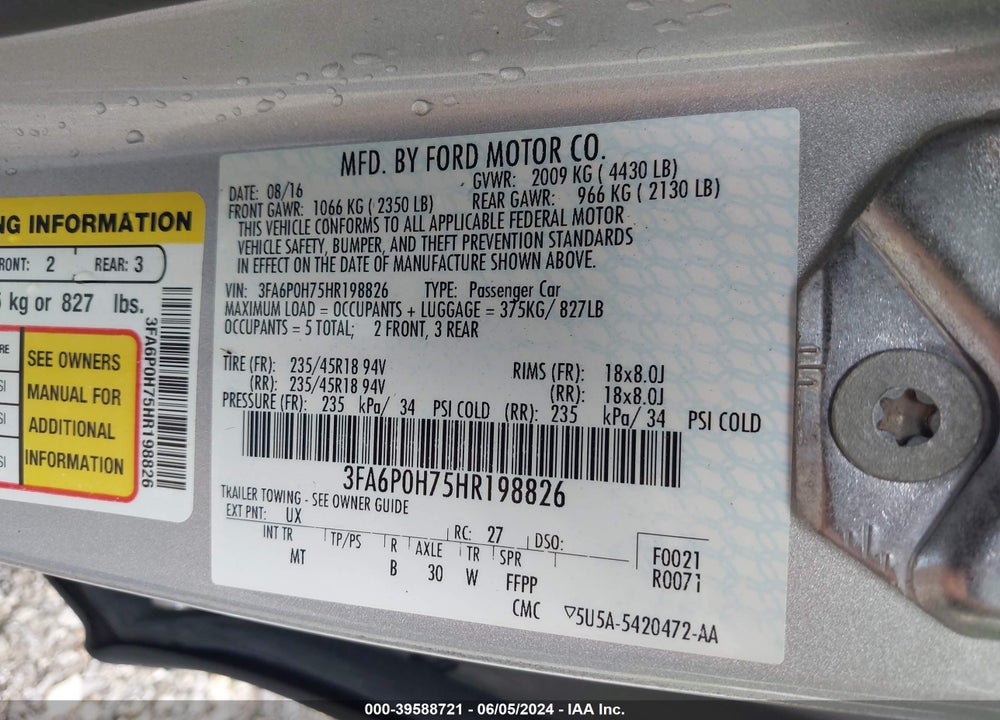 2017 FORD FUSION SE VIN: 3FA6P0H75HR198826