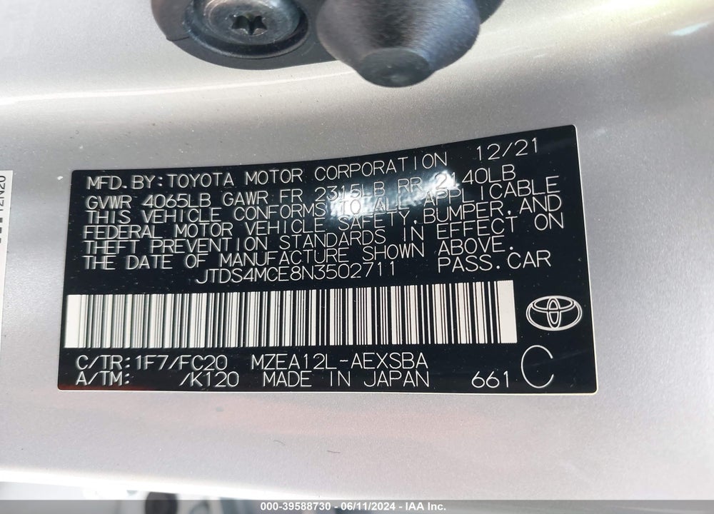 2022 TOYOTA COROLLA SE VIN: JTDS4MCE8N3502711