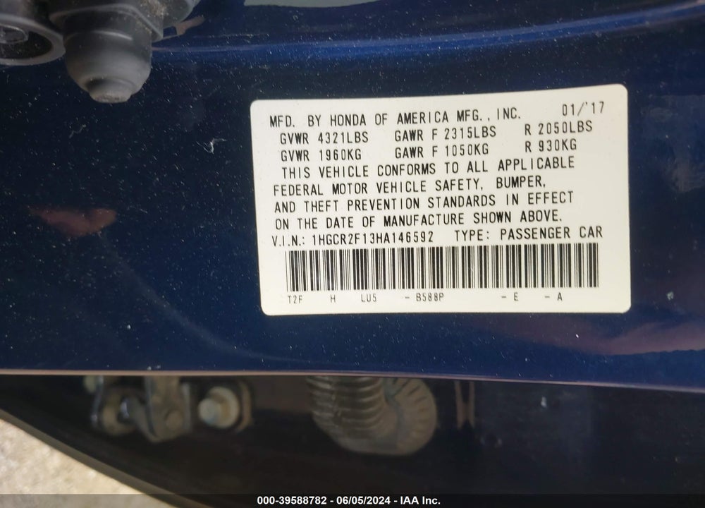 2017 HONDA ACCORD SPORT SE VIN: 1HGCR2F13HA146592