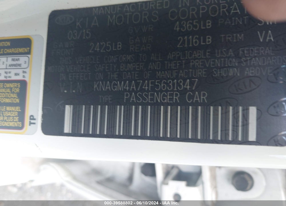 2015 KIA OPTIMA LX VIN: KNAGM4A74F5631347