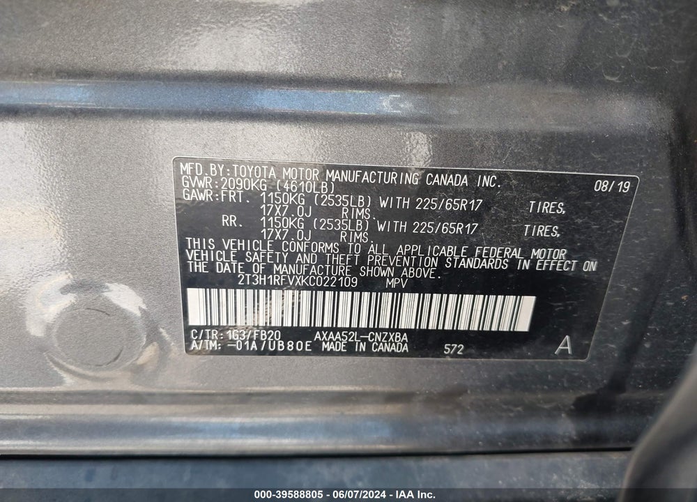 2019 TOYOTA RAV4 LE VIN: 2T3H1RFVXKC022109