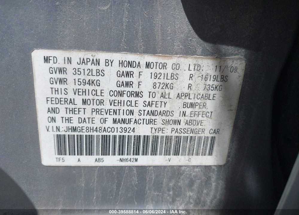 2010 HONDA FIT SPORT VIN: JHMGE8H48AC013924