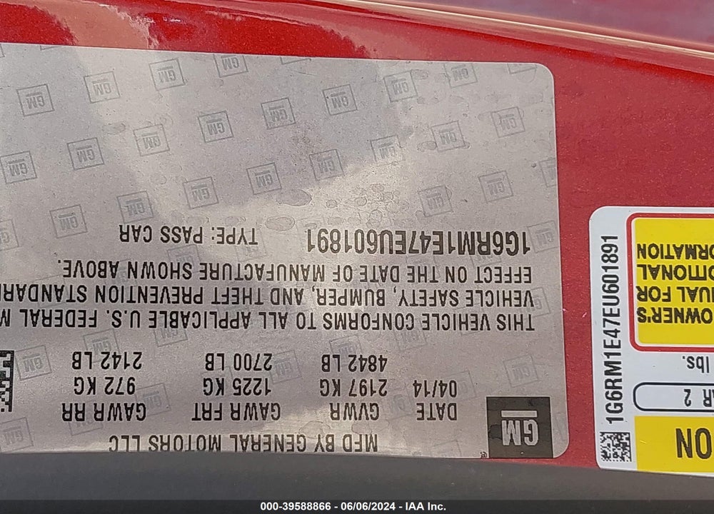 2014 CADILLAC ELR STANDARD VIN: 1G6RM1E47EU601891