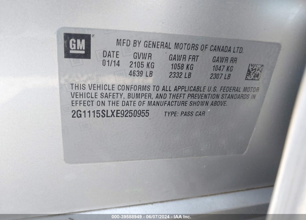 2014 CHEVROLET IMPALA 1LT VIN: 2G1115SLXE9250955