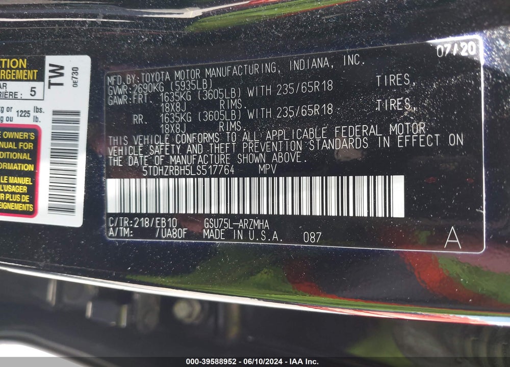 2020 TOYOTA HIGHLANDER XLE VIN: 5TDHZRBH5LS517764