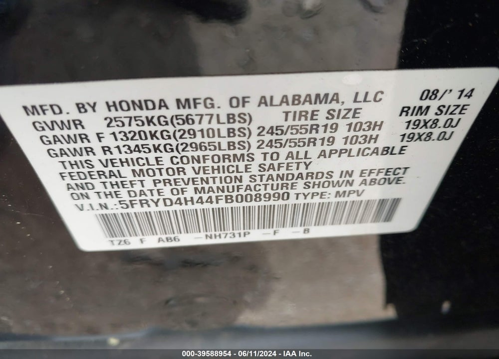 2015 ACURA MDX VIN: 5FRYD4H44FB008990