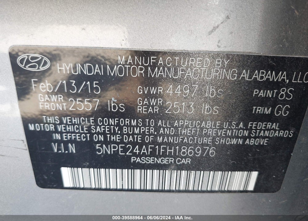 2015 HYUNDAI SONATA SE VIN: 5NPE24AF1FH186976