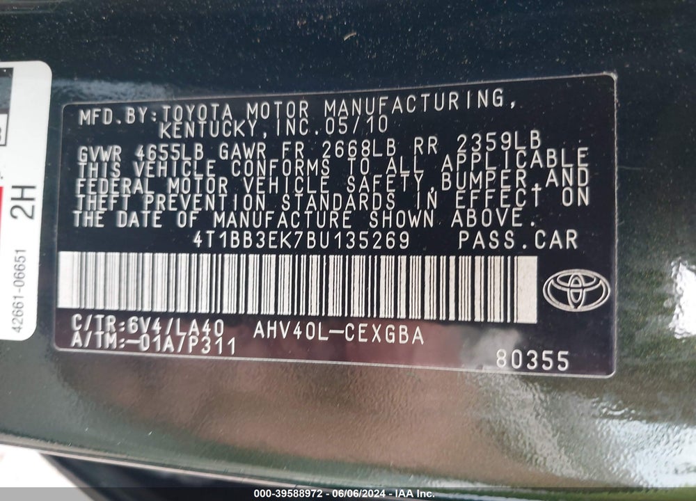 2011 TOYOTA CAMRY HYBRID VIN: 4T1BB3EK7BU135269