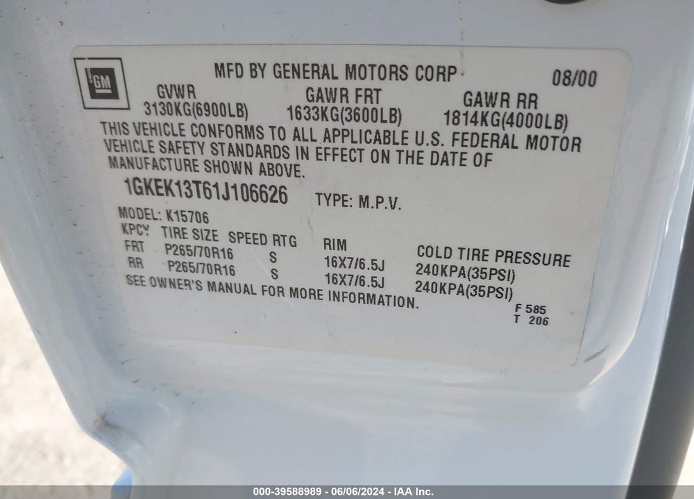 2001 GMC YUKON SLT VIN: 1GKEK13T61J106626