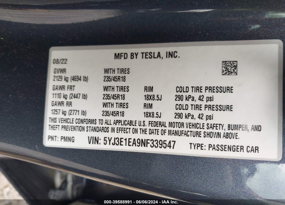 2022 TESLA MODEL 3 REAR-WHEEL DRIVE VIN: 5YJ3E1EA9NF339547