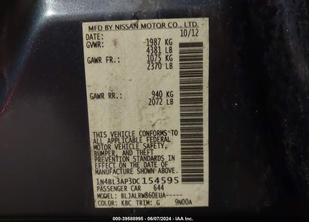 2013 NISSAN ALTIMA 3.5 S VIN: 1N4BL3AP3DC154595