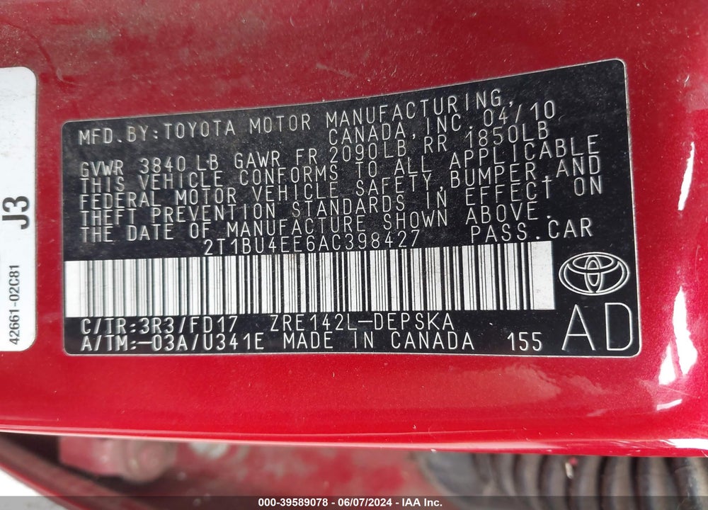 2010 TOYOTA COROLLA S VIN: 2T1BU4EE6AC398427