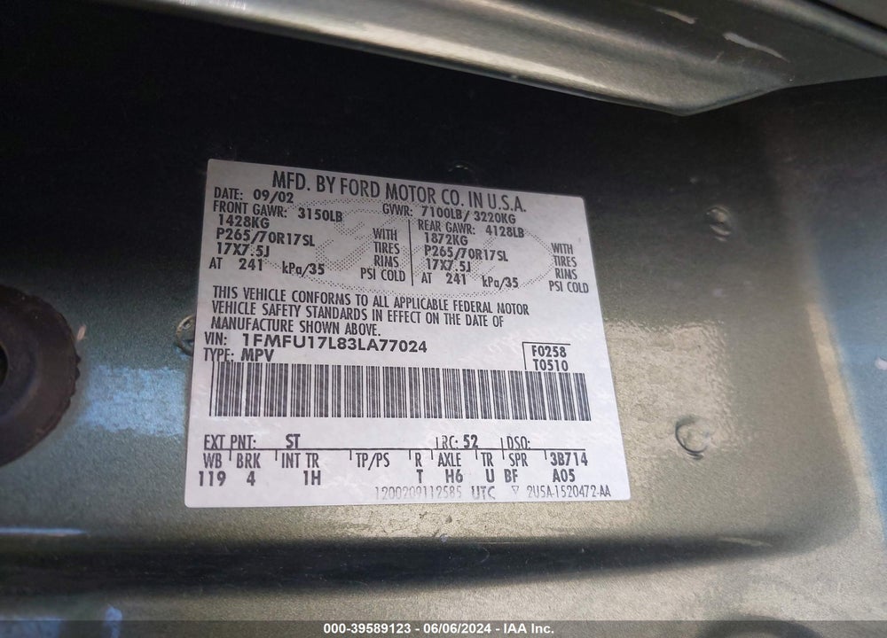 2003 FORD EXPEDITION EDDIE BAUER VIN: 1FMFU17L83LA77024