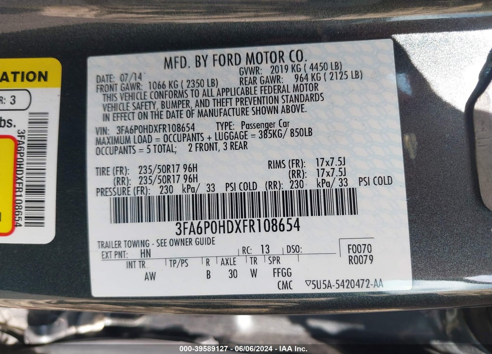 2015 FORD FUSION SE VIN: 3FA6P0HDXFR108654