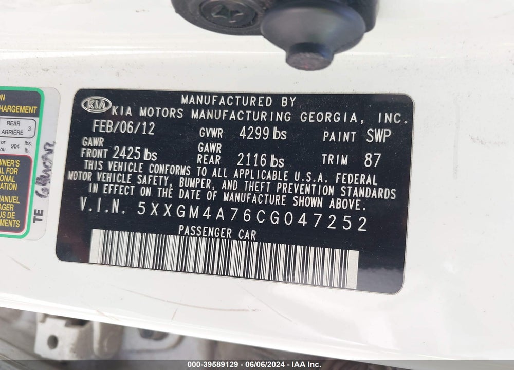 2012 KIA OPTIMA LX VIN: 5XXGM4A76CG047252