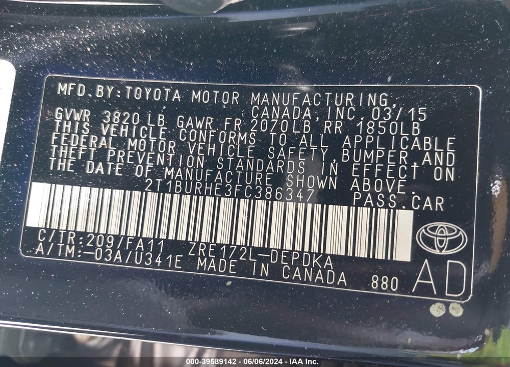 2015 TOYOTA COROLLA L VIN: 2T1BURHE3FC386347