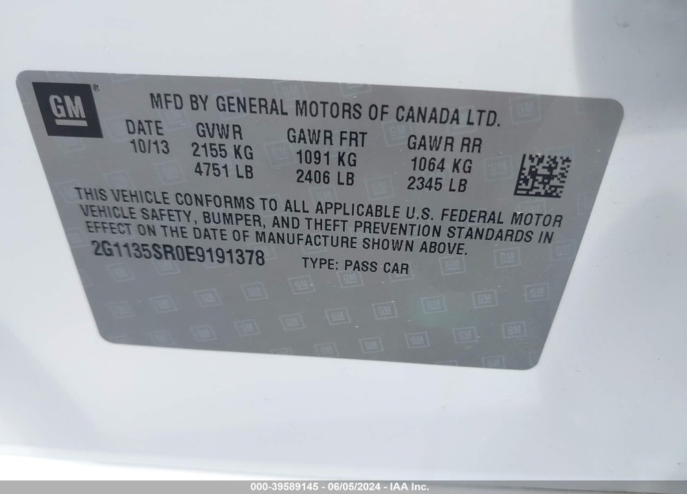 2014 CHEVROLET IMPALA LT ECO VIN: 2G1135SR0E9191378