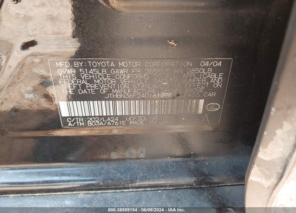 2004 LEXUS LS 430 VIN: JTHBN36F240161798