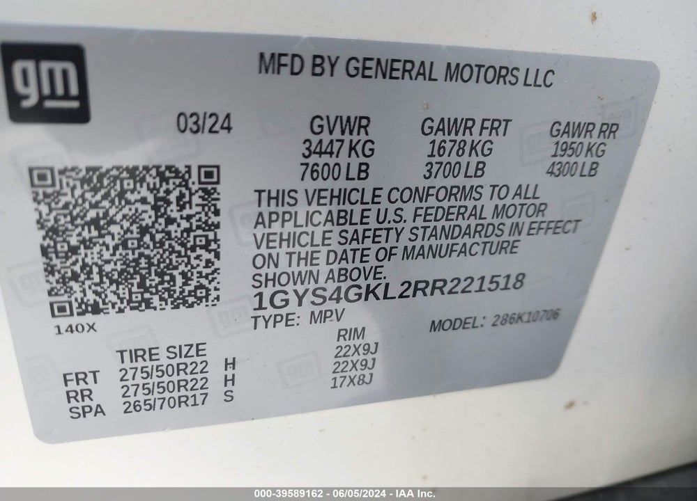 2024 CADILLAC ESCALADE 4WD SPORT PLATINUM VIN: 1GYS4GKL2RR221518
