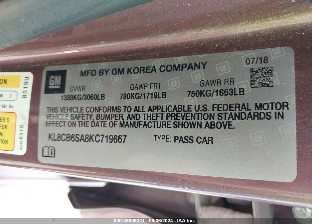 2019 CHEVROLET SPARK LS CVT VIN: KL8CB6SA8KC719667