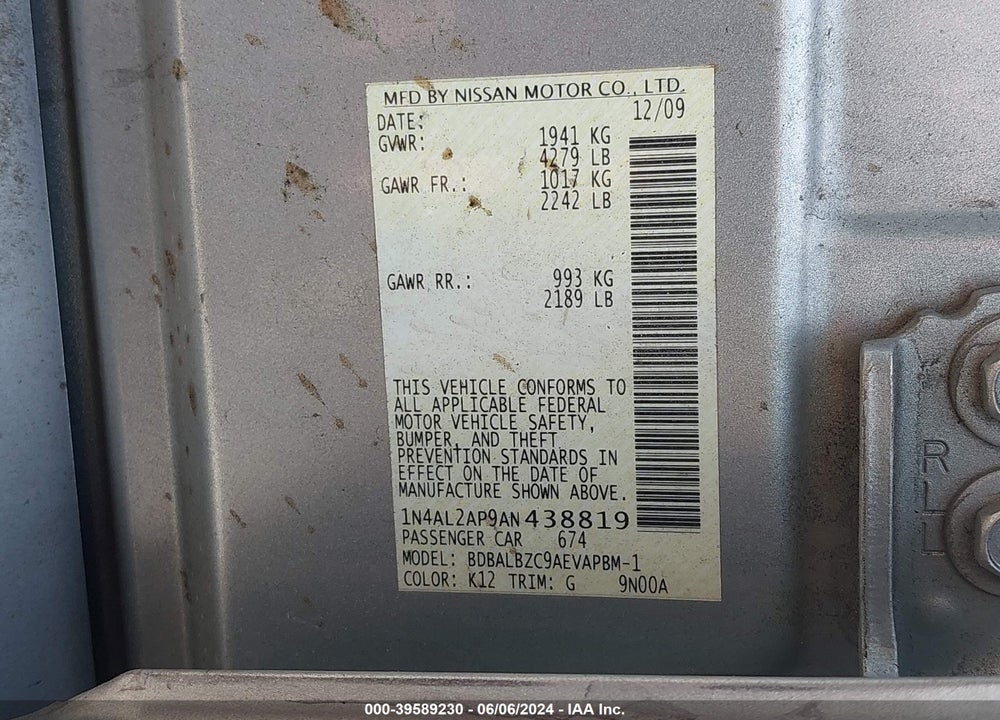 2010 NISSAN ALTIMA 2.5 S VIN: 1N4AL2AP9AN438819