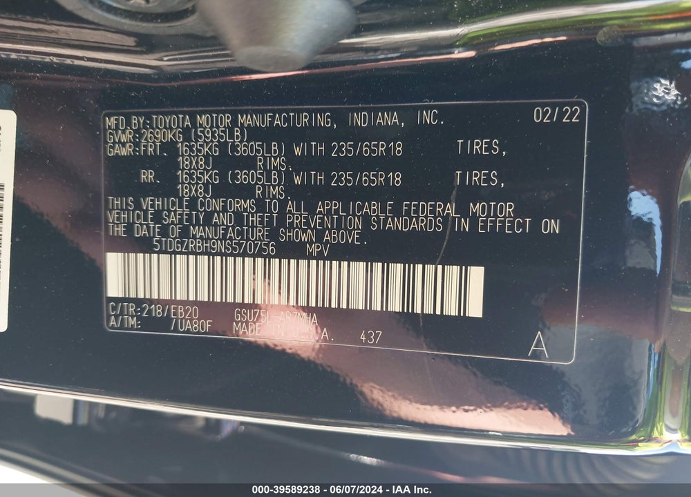 2022 TOYOTA HIGHLANDER XLE VIN: 5TDGZRBH9NS570756