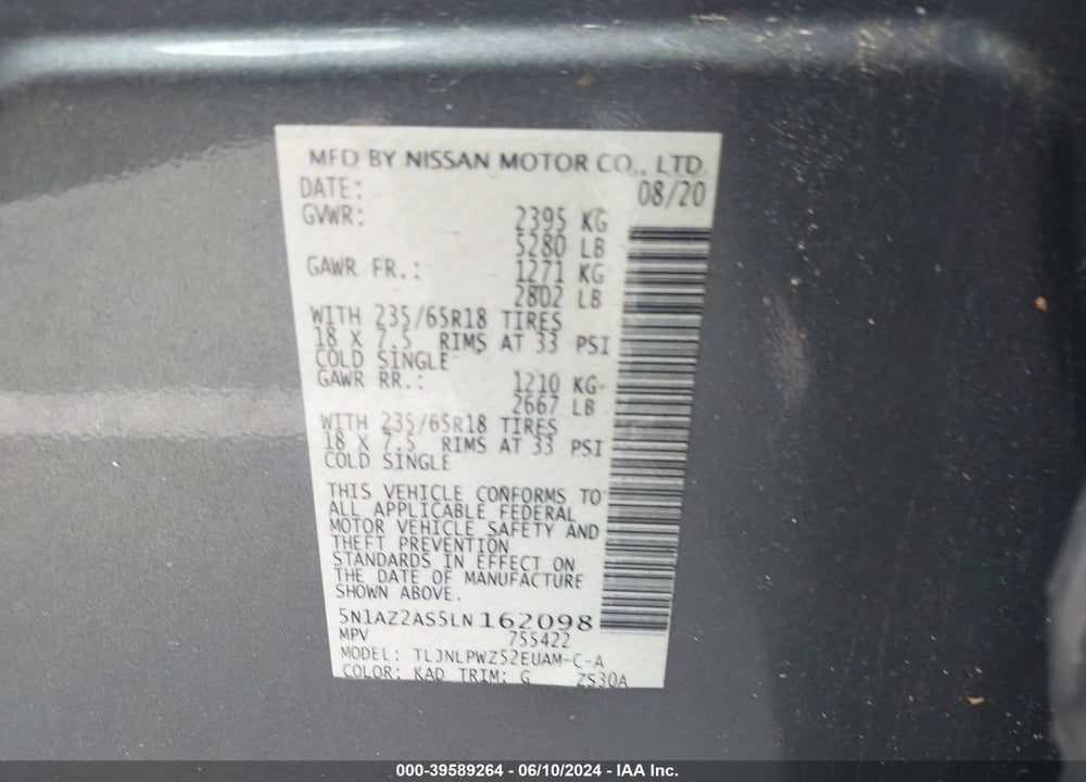 2020 NISSAN MURANO S INTELLIGENT AWD VIN: 5N1AZ2AS5LN162098