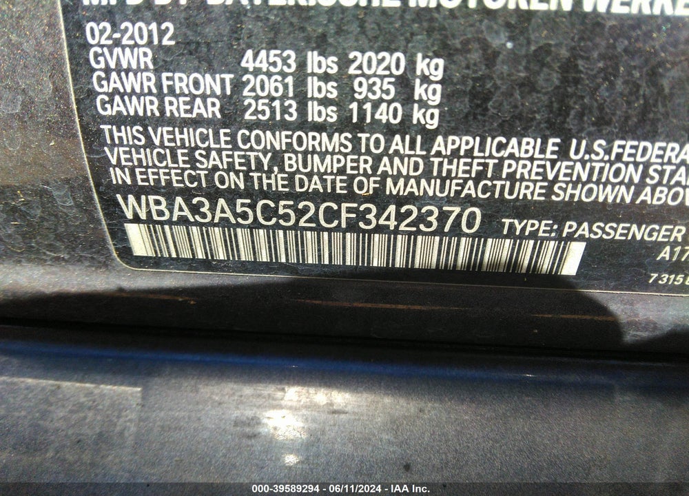 2012 BMW 328I VIN: WBA3A5C52CF342370
