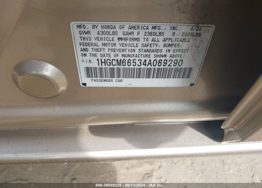 2004 HONDA ACCORD 3.0 EX VIN: 1HGCM66534A069290