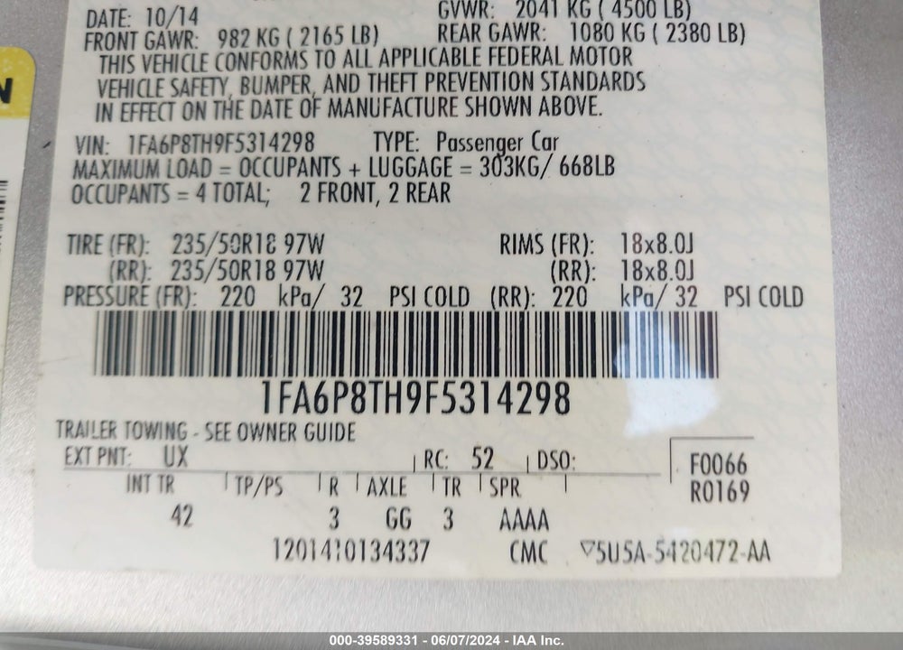 2015 FORD MUSTANG ECOBOOST VIN: 1FA6P8TH9F5314298